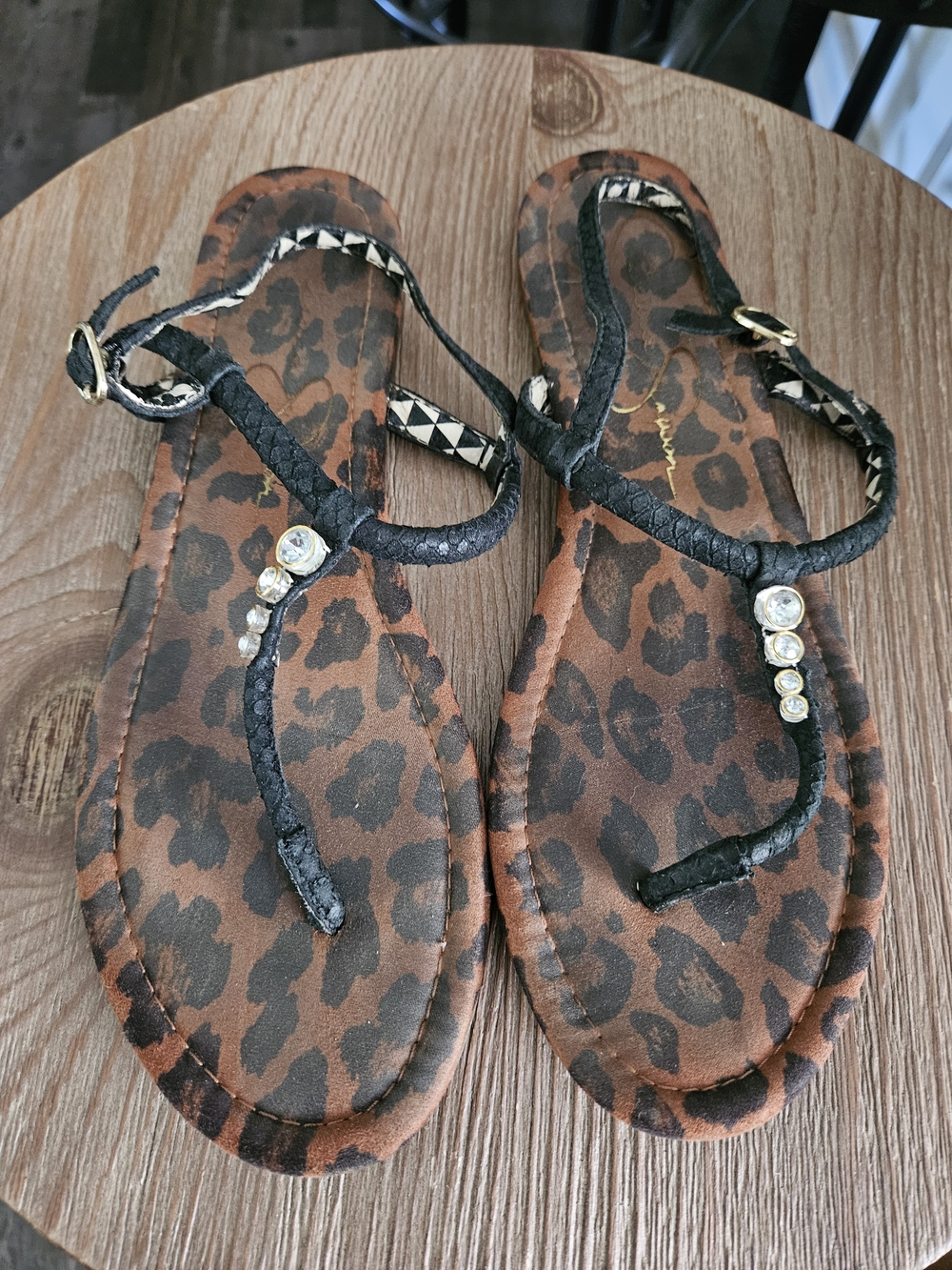 Jessica Simpson Leopard Print T-Strap Sandals with Black Straps